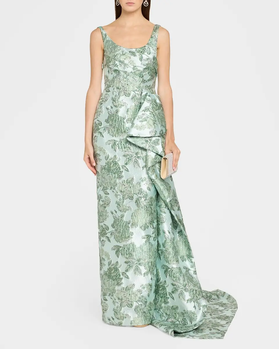 PAMELLA ROLAND Sleeveless Metallic Floral Jacquard Draped Column Gown | Thumbnail 2 PAMELLA ROLAND Sleeveless Metallic Floral Jacquard Draped Column Gown | Thumbnail 2
