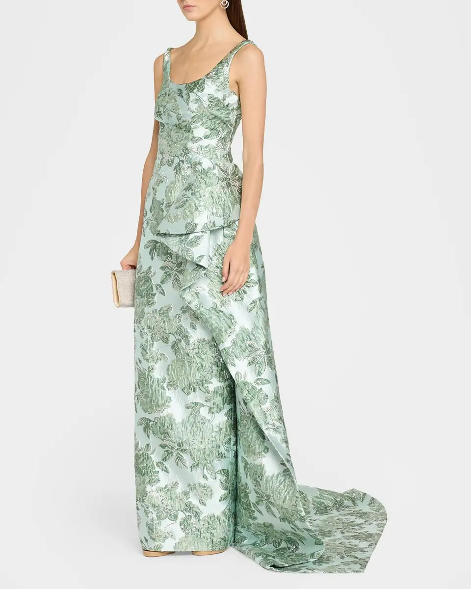 PAMELLA ROLAND Sleeveless Metallic Floral Jacquard Draped Column Gown | Thumbnail 4 PAMELLA ROLAND Sleeveless Metallic Floral Jacquard Draped Column Gown | Thumbnail 4