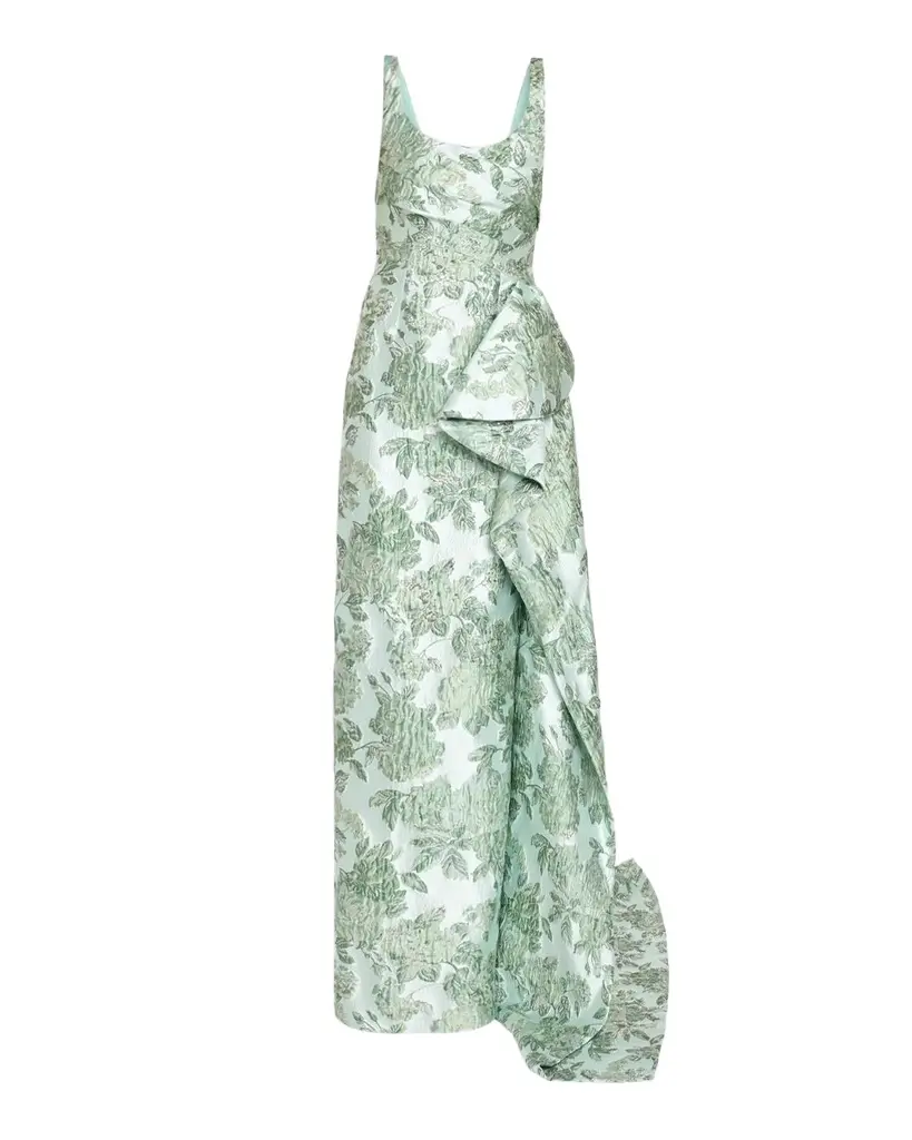 Sleeveless Metallic Floral Jacquard Draped Column Gown Sleeveless Metallic Floral Jacquard Draped Column Gown