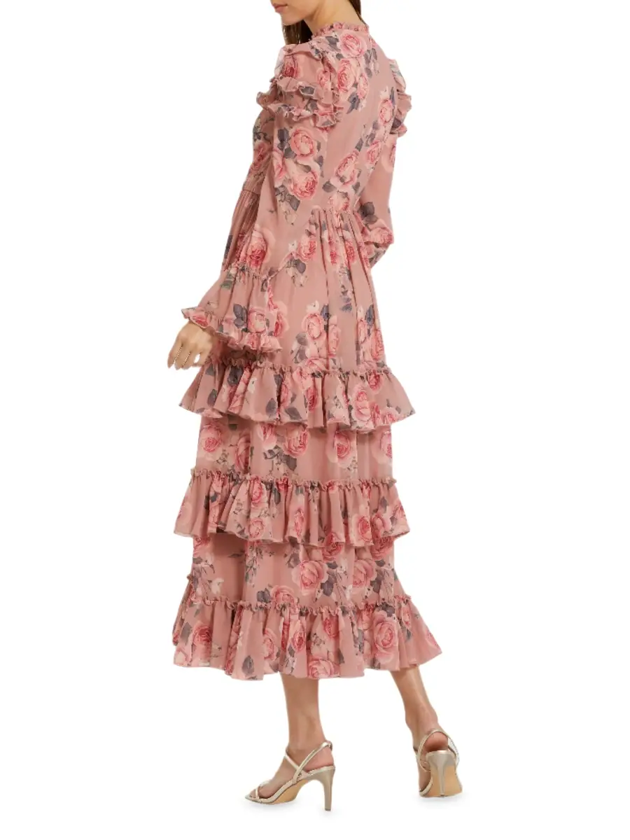 Mac Duggal Women's Rose-Print Tiered Ruffle Midi-Dress | Thumbnail 2 Mac Duggal Women's Rose-Print Tiered Ruffle Midi-Dress | Thumbnail 2