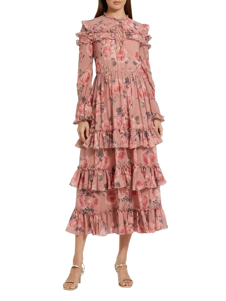 Women's Rose-Print Tiered Ruffle Midi-Dress Women's Rose-Print Tiered Ruffle Midi-Dress