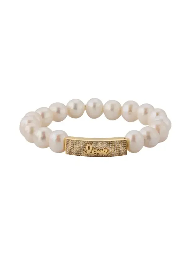 14K Diamond Love Script Pearl Stretch Bracelet