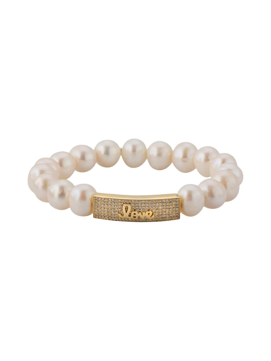 Sydney Evan 14K Diamond Love Script Pearl Stretch Bracelet