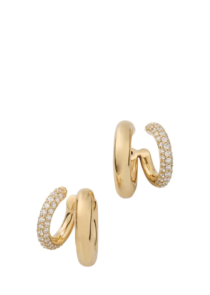 14K Hollow Tube and Diamond Double Hoop Earrings