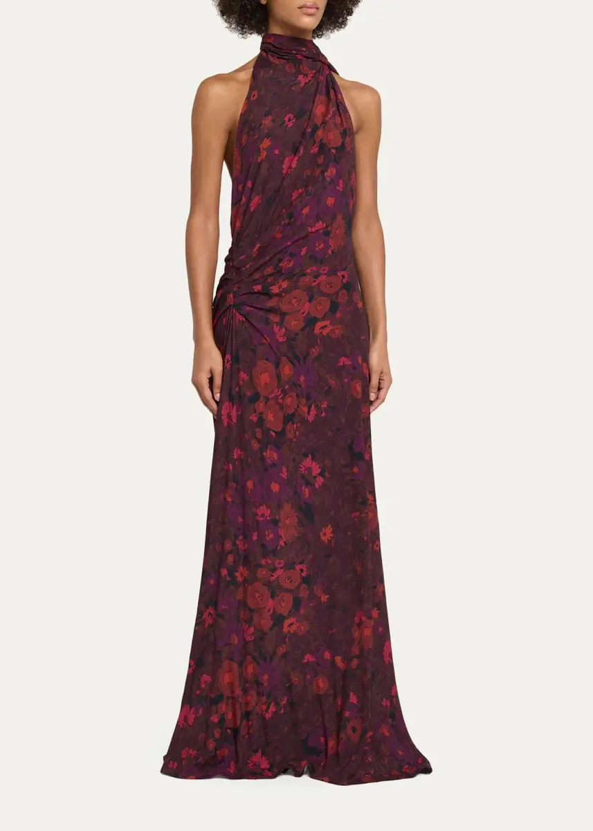 A.L.C. Scarlett Floral Gathered Scarf Halter Gown | Thumbnail 4