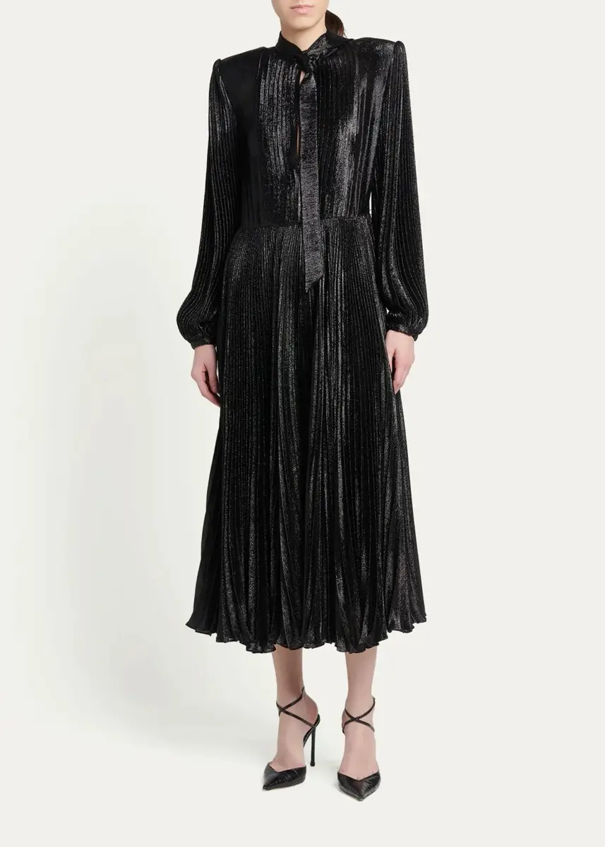 Tom Ford Soleil Metallic Silk Charmeuse Plisse Neck-Tie Midi Dress | Thumbnail 2 Tom Ford Soleil Metallic Silk Charmeuse Plisse Neck-Tie Midi Dress | Thumbnail 2