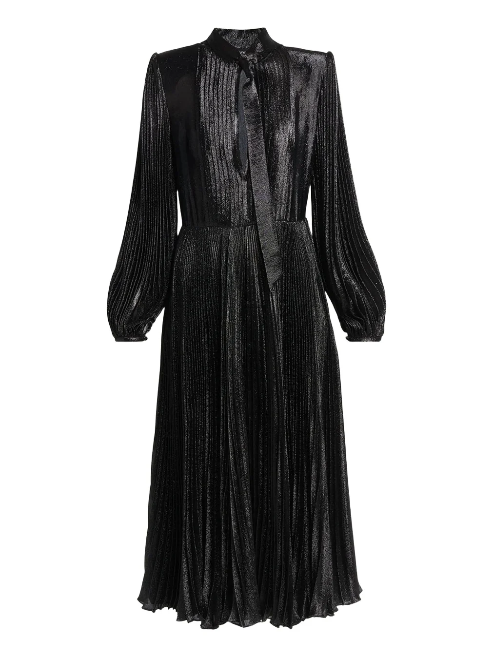 Soleil Metallic Silk Charmeuse Plisse Neck-Tie Midi Dress Soleil Metallic Silk Charmeuse Plisse Neck-Tie Midi Dress