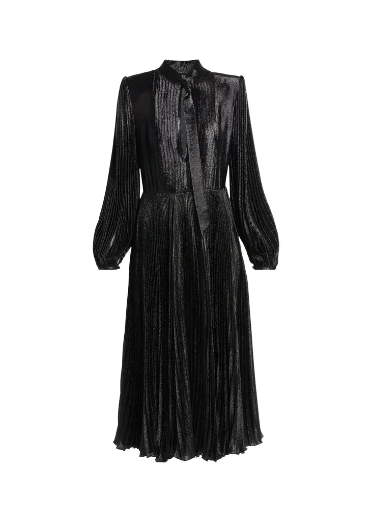 Soleil Metallic Silk Charmeuse Plisse Neck-Tie Midi Dress