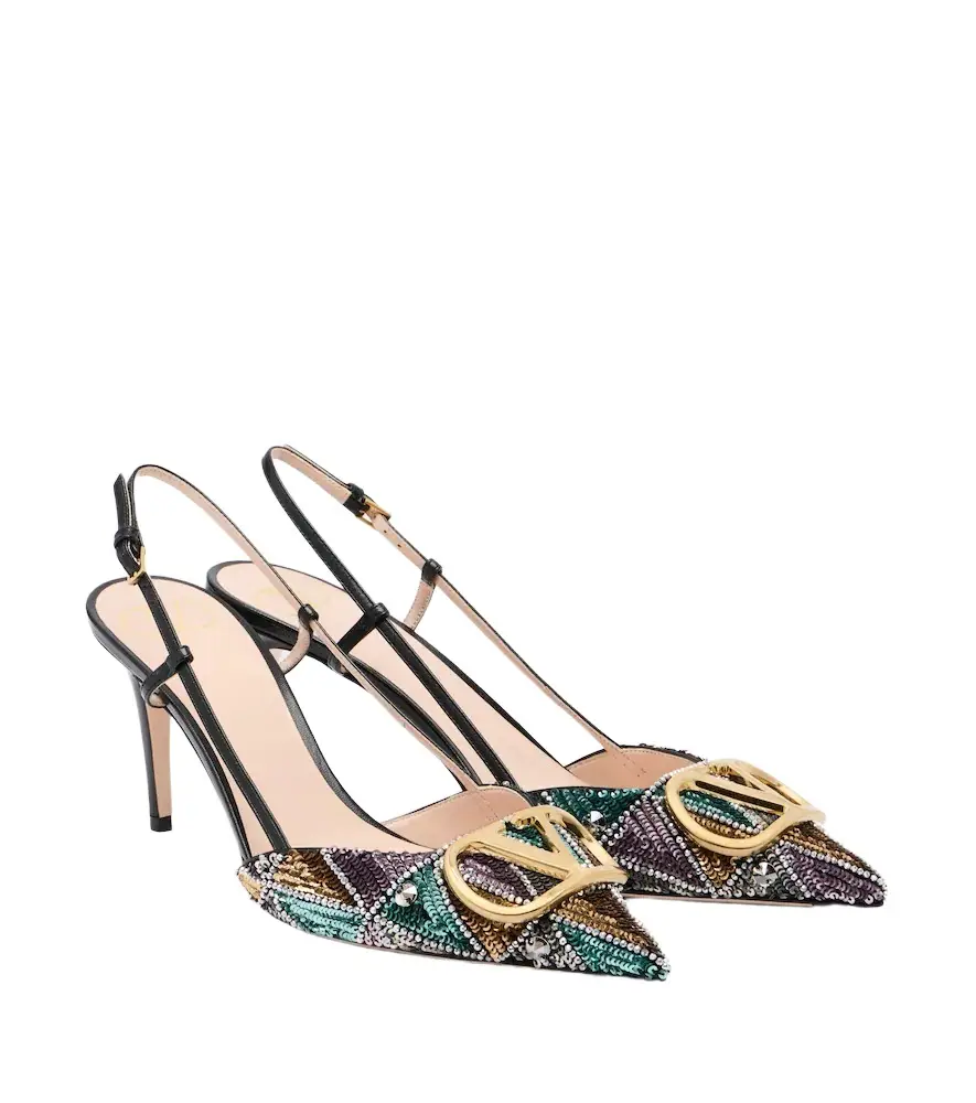 VLogo sequined leather slingback pumps VLogo sequined leather slingback pumps