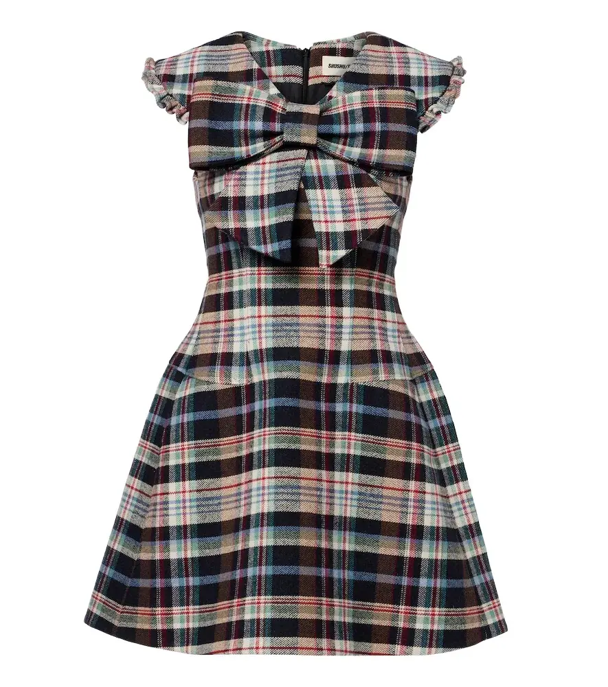 SHUSHU/TONG Checked cotton and wool-blend minidress