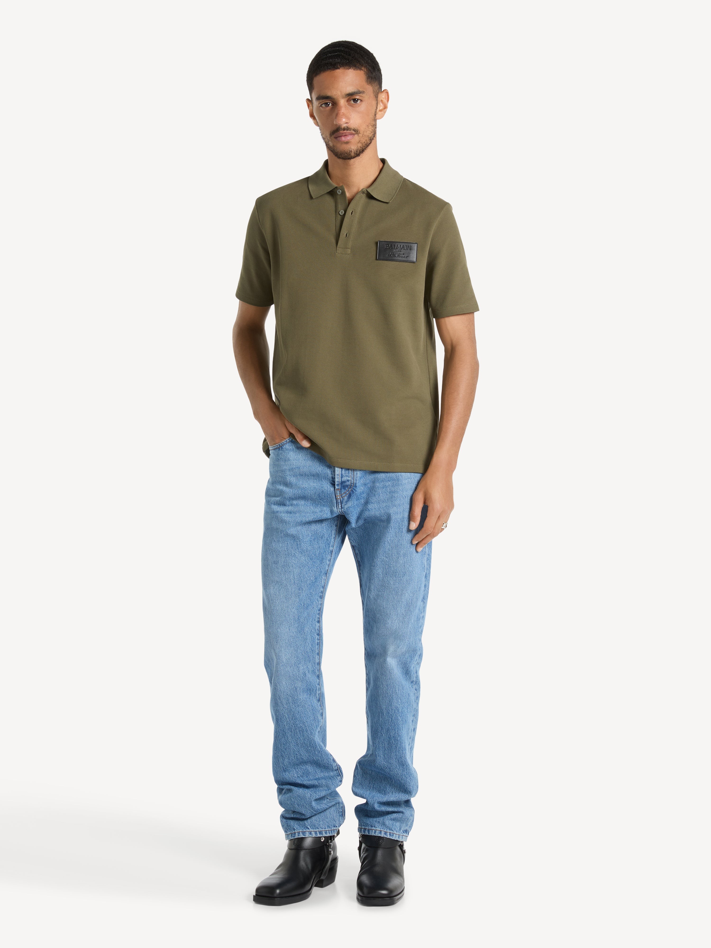Balmain Cotton polo shirt with leather Vintage label