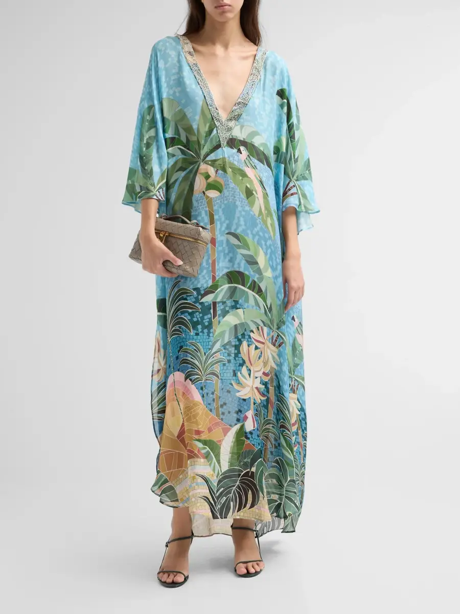 Farm Rio Women's Embroidery V-Neck Caftan Dress | Thumbnail 2 Farm Rio Women's Embroidery V-Neck Caftan Dress | Thumbnail 2