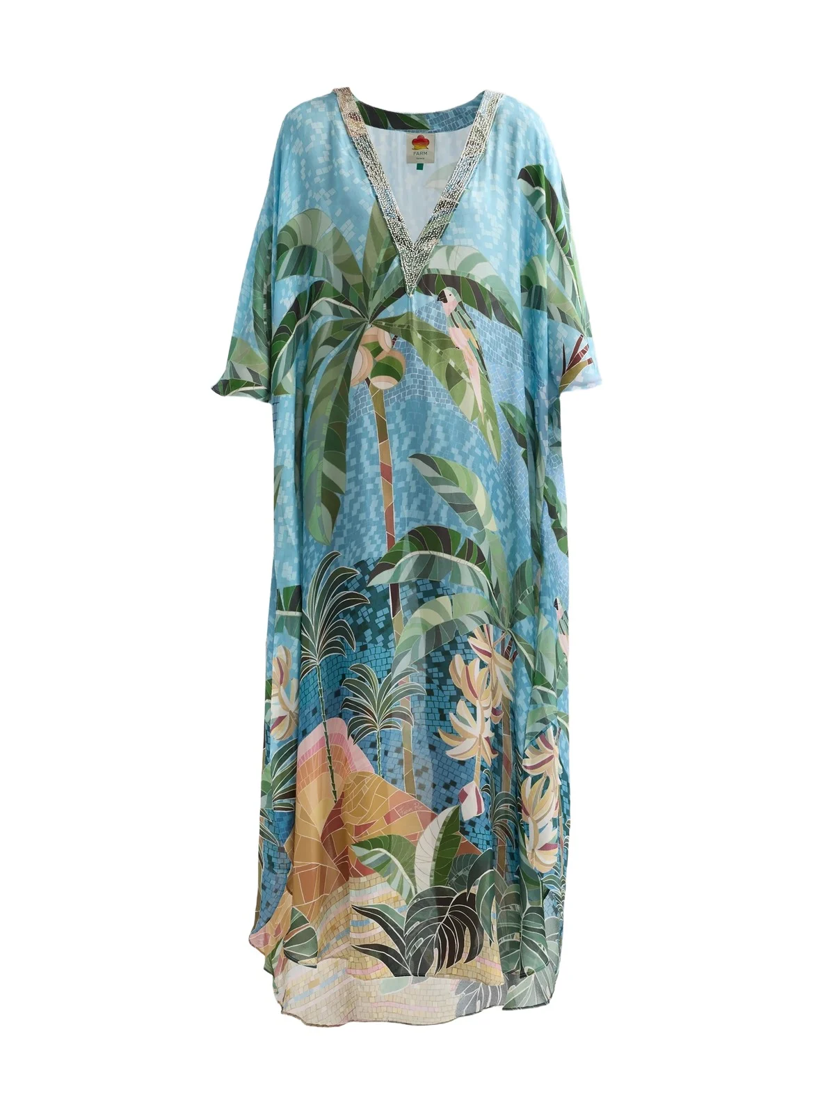 Farm Rio Women's Embroidery V-Neck Caftan Dress