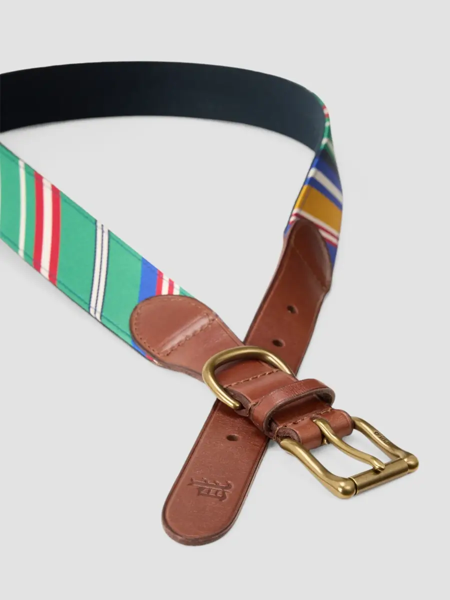 Polo Ralph Lauren Men's Leather-Trim Striped Jacquard Belt | Thumbnail 2