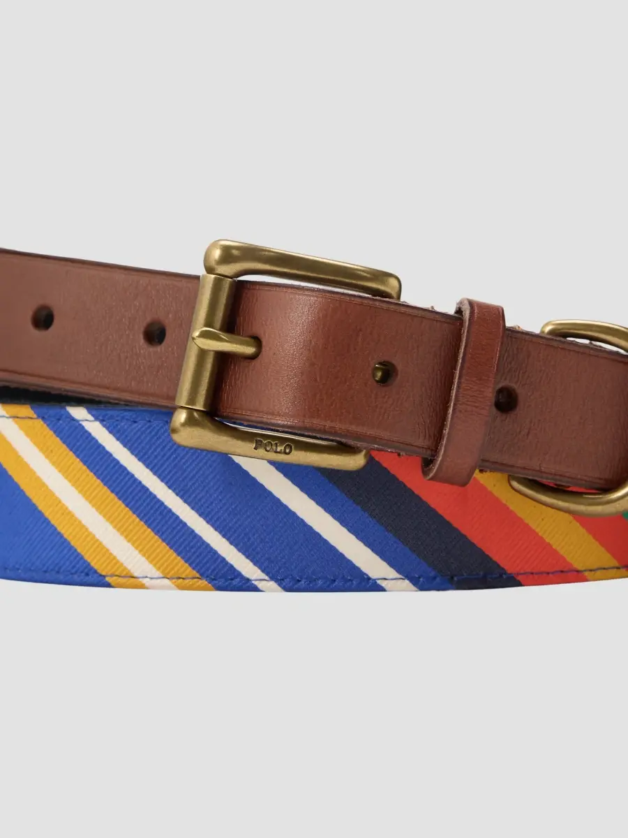 Polo Ralph Lauren Men's Leather-Trim Striped Jacquard Belt | Thumbnail 3
