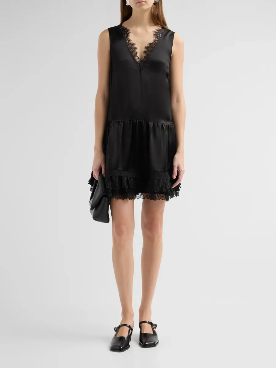 Ganni Women's Fluid Satin V-Neck Lace Mini Dress | Thumbnail 2 Ganni Women's Fluid Satin V-Neck Lace Mini Dress | Thumbnail 2