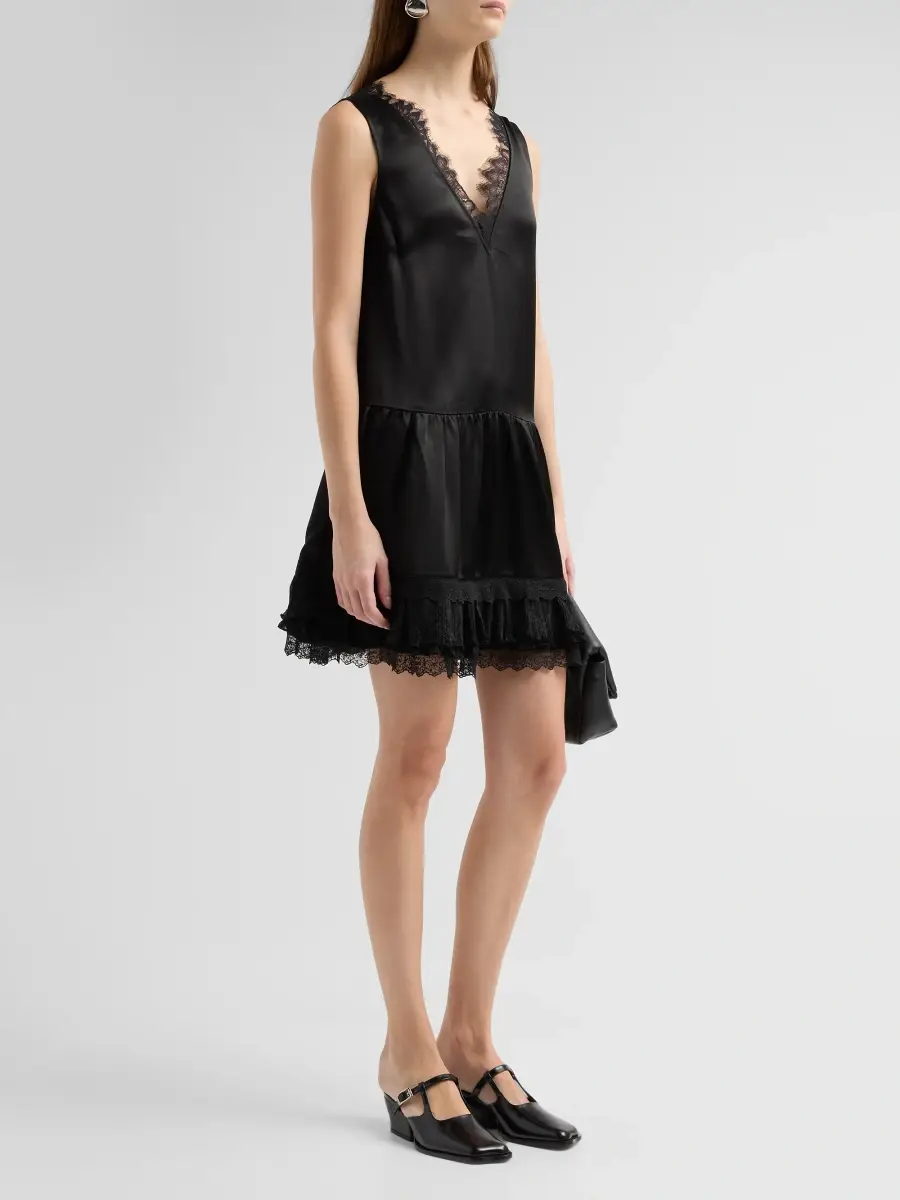 Ganni Women's Fluid Satin V-Neck Lace Mini Dress | Thumbnail 4 Ganni Women's Fluid Satin V-Neck Lace Mini Dress | Thumbnail 4