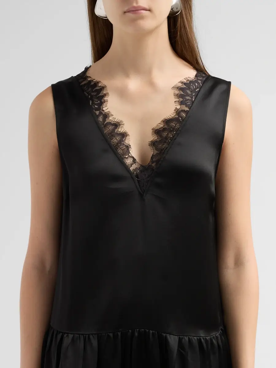 Ganni Women's Fluid Satin V-Neck Lace Mini Dress | Thumbnail 5 Ganni Women's Fluid Satin V-Neck Lace Mini Dress | Thumbnail 5