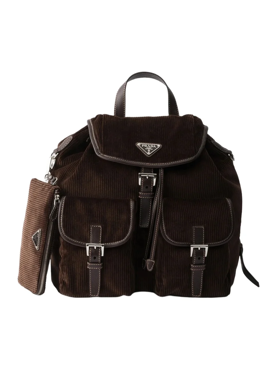 Prada Women's Medium Corduroy and Leather Backpack - Brown