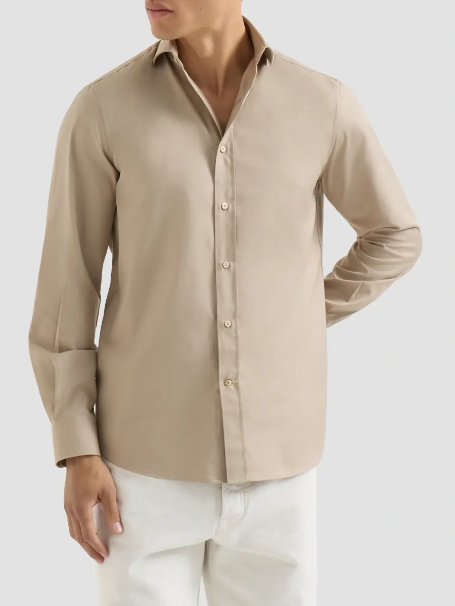 Brunello Cucinelli Men's Garment-Dyed Twill Shirt with Spread Collar - Beige | Thumbnail 2