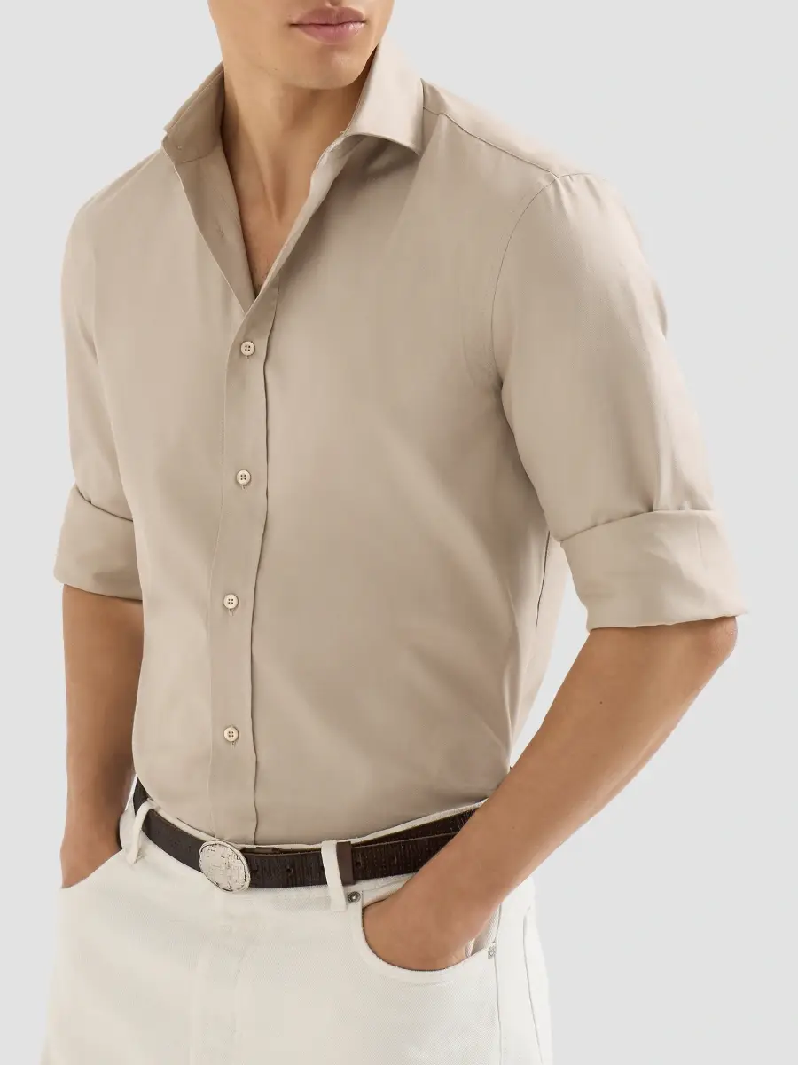 Brunello Cucinelli Men's Garment-Dyed Twill Shirt with Spread Collar - Beige | Thumbnail 3