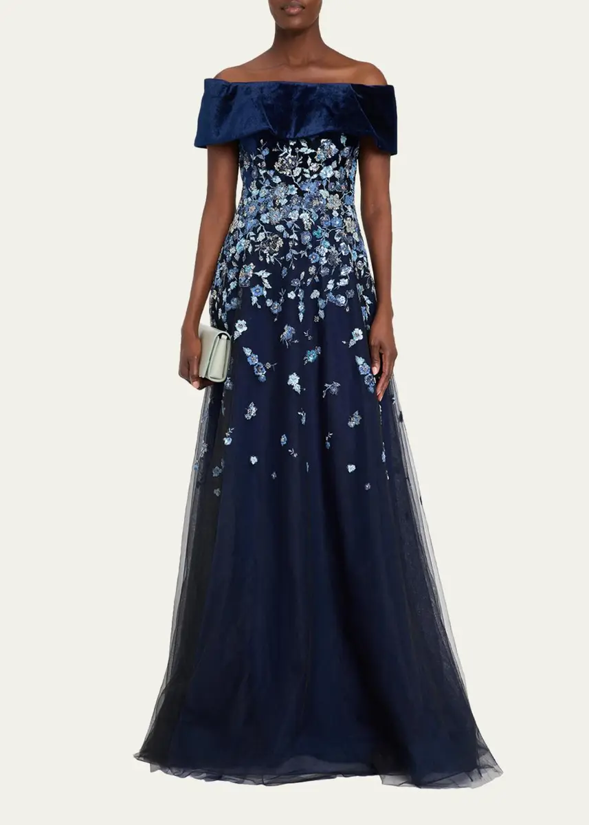 Rickie Freeman for Teri Jon Velvet & Floral-Embroidered Tulle Off-The-Shoulder Gown | Thumbnail 2 Rickie Freeman for Teri Jon Velvet & Floral-Embroidered Tulle Off-The-Shoulder Gown | Thumbnail 2