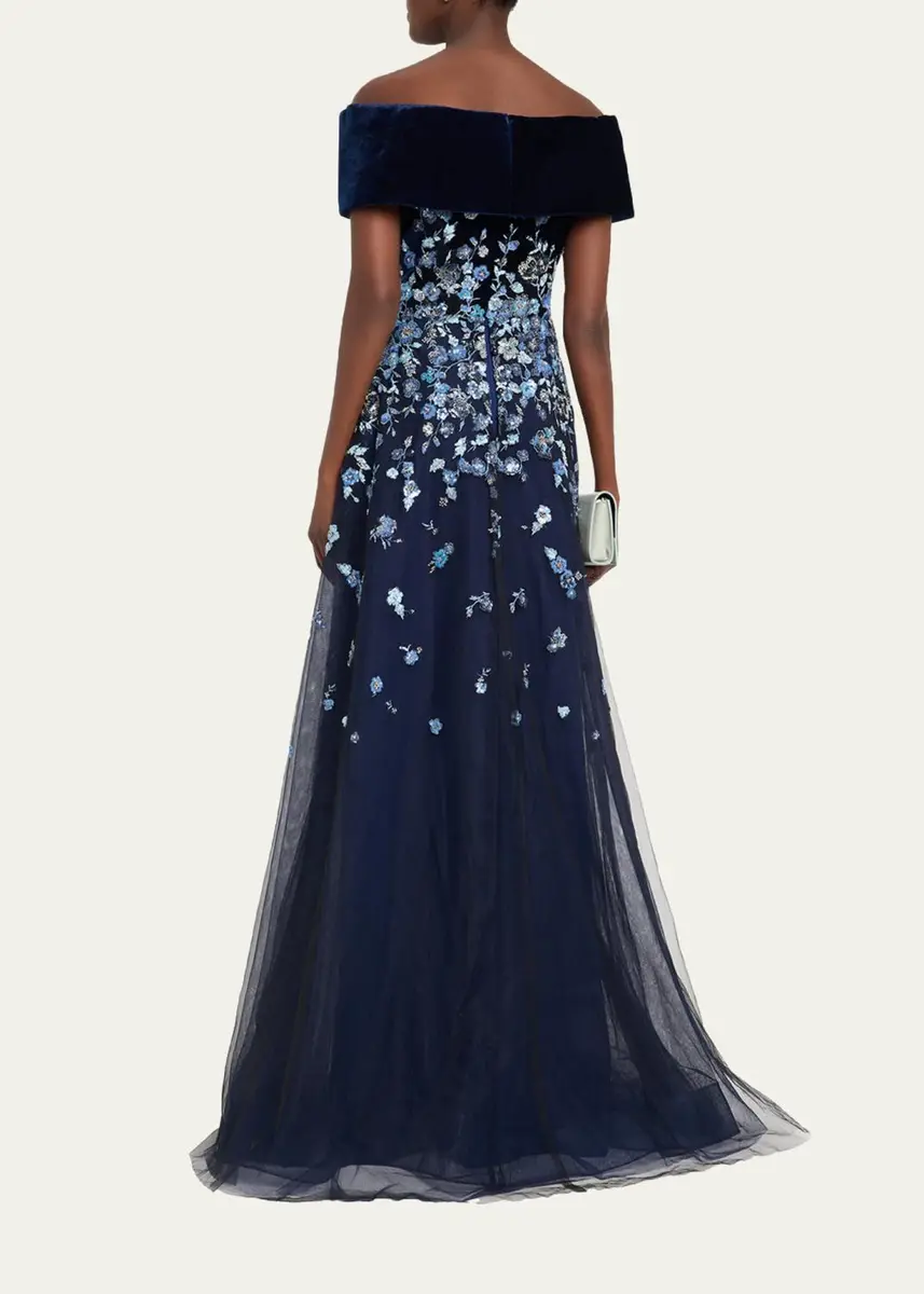 Rickie Freeman for Teri Jon Velvet & Floral-Embroidered Tulle Off-The-Shoulder Gown | Thumbnail 3 Rickie Freeman for Teri Jon Velvet & Floral-Embroidered Tulle Off-The-Shoulder Gown | Thumbnail 3