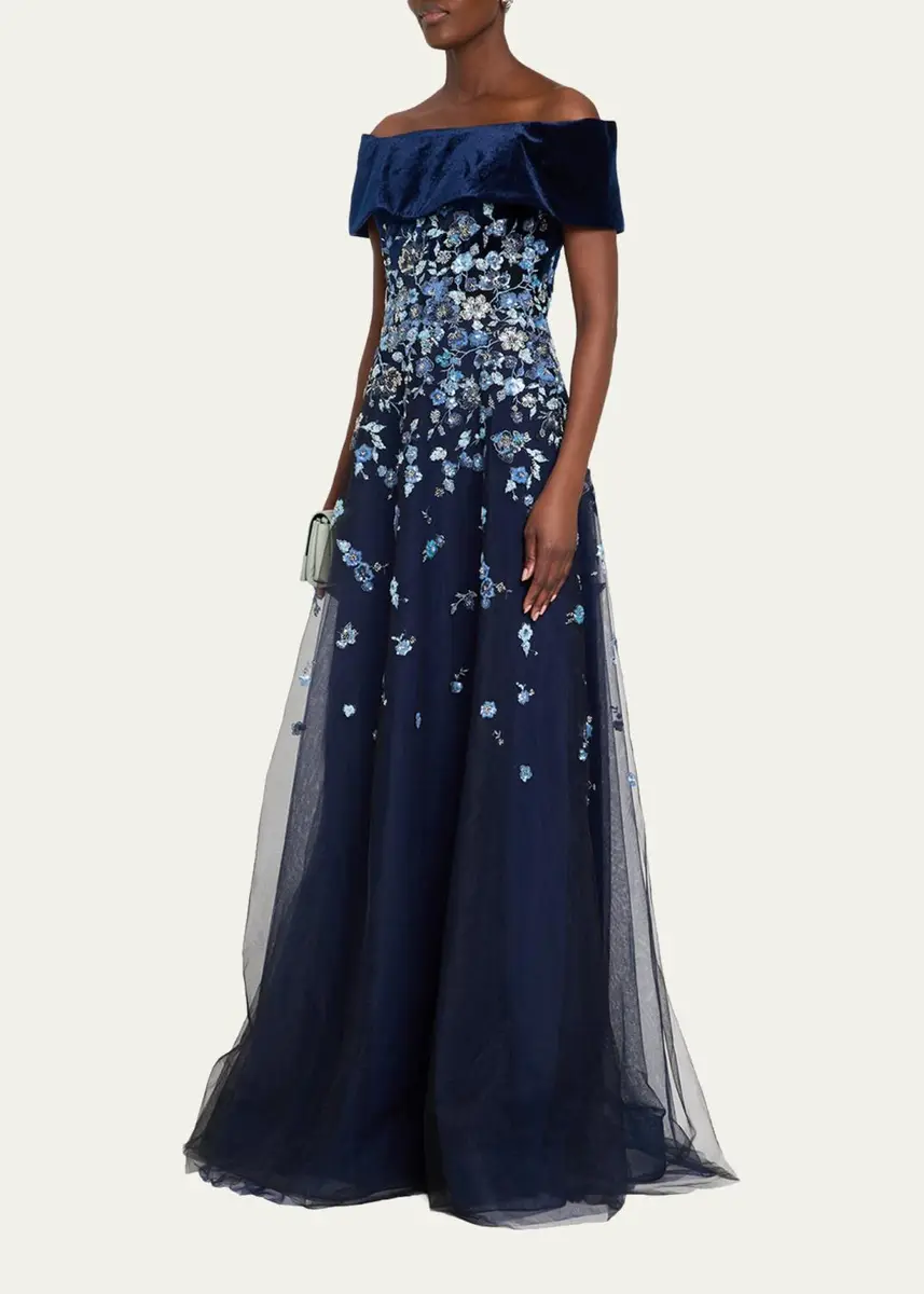 Rickie Freeman for Teri Jon Velvet & Floral-Embroidered Tulle Off-The-Shoulder Gown | Thumbnail 4 Rickie Freeman for Teri Jon Velvet & Floral-Embroidered Tulle Off-The-Shoulder Gown | Thumbnail 4