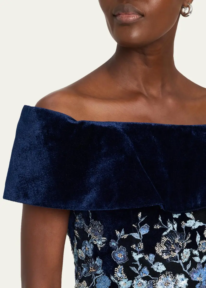 Rickie Freeman for Teri Jon Velvet & Floral-Embroidered Tulle Off-The-Shoulder Gown | Thumbnail 5 Rickie Freeman for Teri Jon Velvet & Floral-Embroidered Tulle Off-The-Shoulder Gown | Thumbnail 5