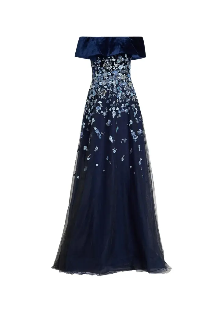 Rickie Freeman for Teri Jon Velvet & Floral-Embroidered Tulle Off-The-Shoulder Gown