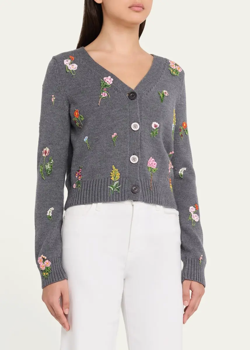 Oscar de la Renta Embroidered Wool Mini V-Neck Cardigan | Thumbnail 4 Oscar de la Renta Embroidered Wool Mini V-Neck Cardigan | Thumbnail 4