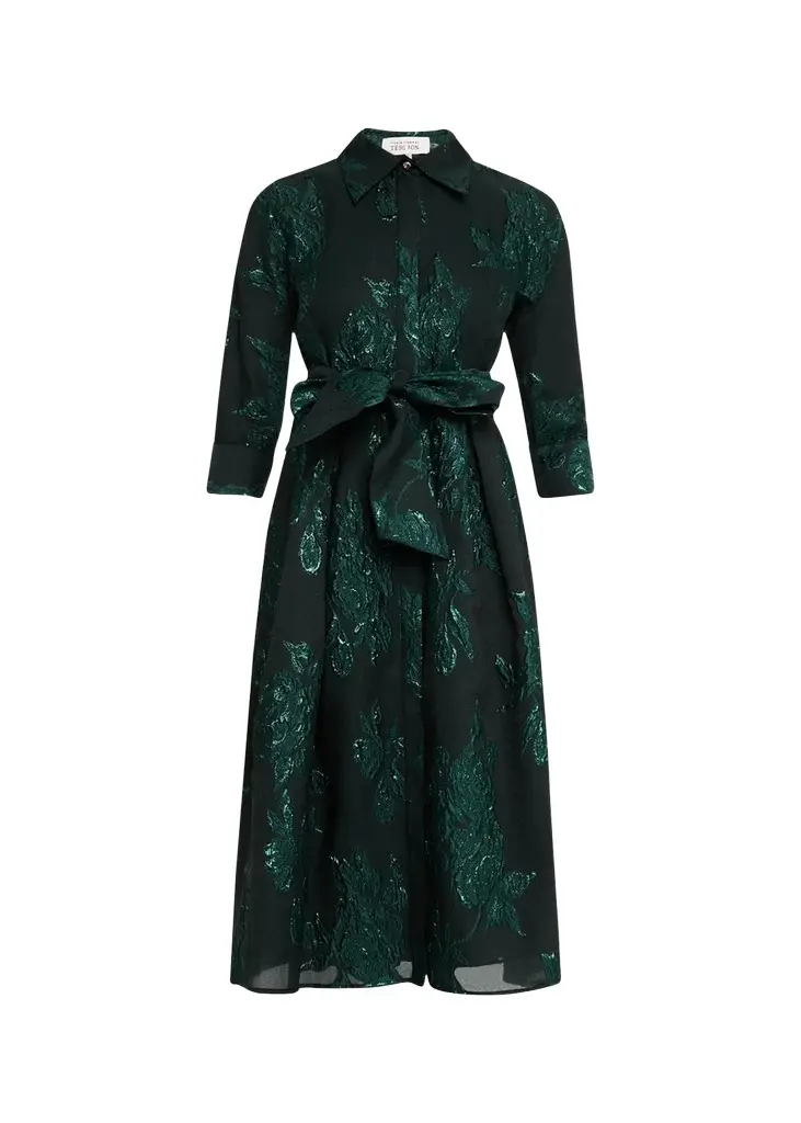 Rickie Freeman for Teri Jon Metallic Jacquard Belted Shirtdress