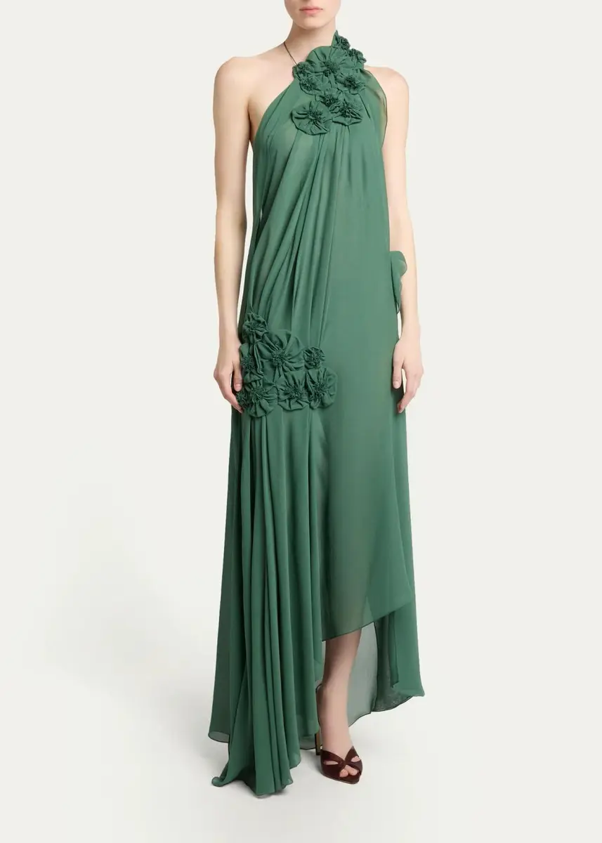 Victoria Beckham Pleated Silk Georgette Floral Applique Asymmetric Gown | Thumbnail 2 Victoria Beckham Pleated Silk Georgette Floral Applique Asymmetric Gown | Thumbnail 2