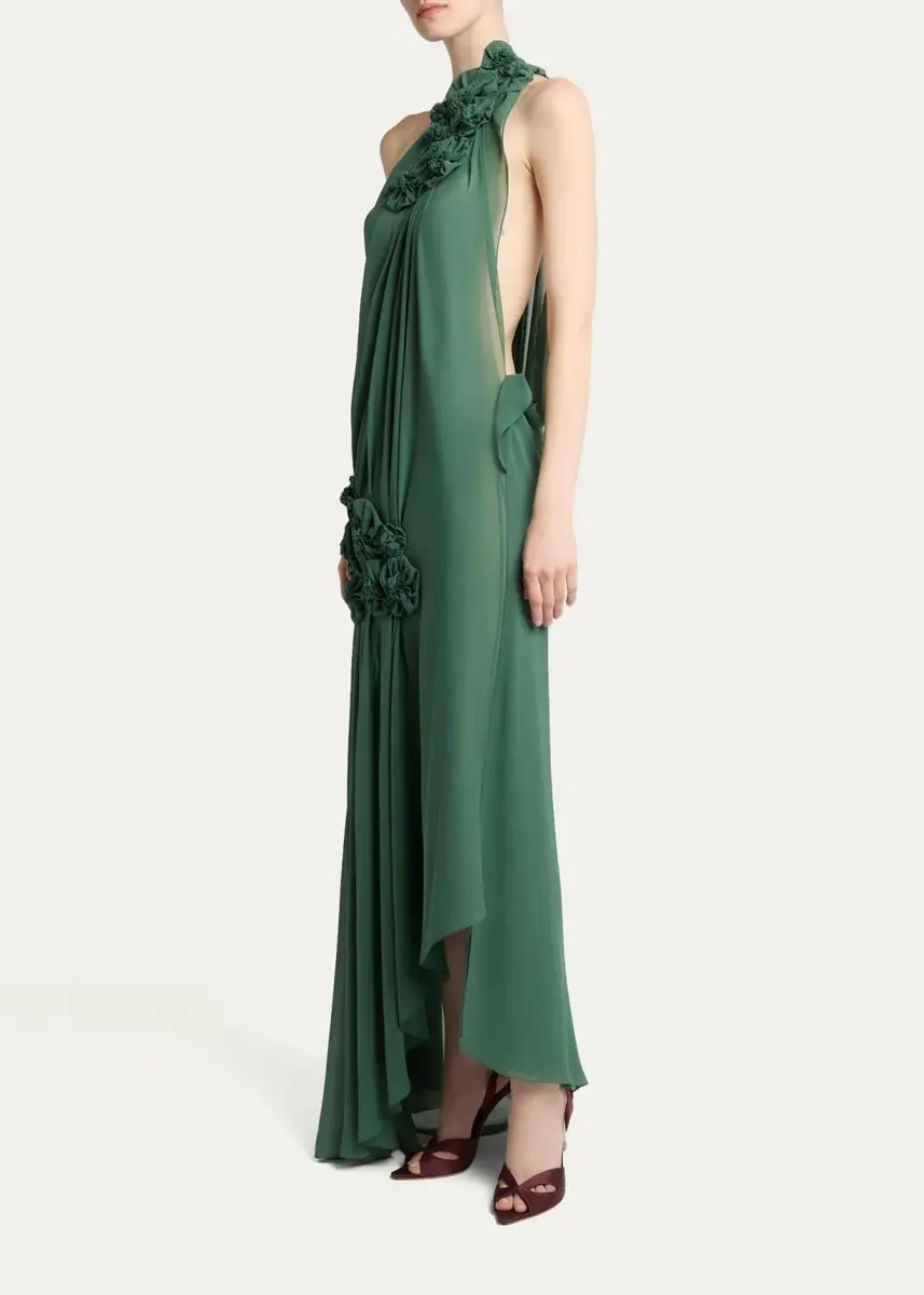 Victoria Beckham Pleated Silk Georgette Floral Applique Asymmetric Gown | Thumbnail 4 Victoria Beckham Pleated Silk Georgette Floral Applique Asymmetric Gown | Thumbnail 4