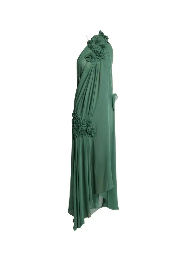 Victoria Beckham Pleated Silk Georgette Floral Applique Asymmetric Gown