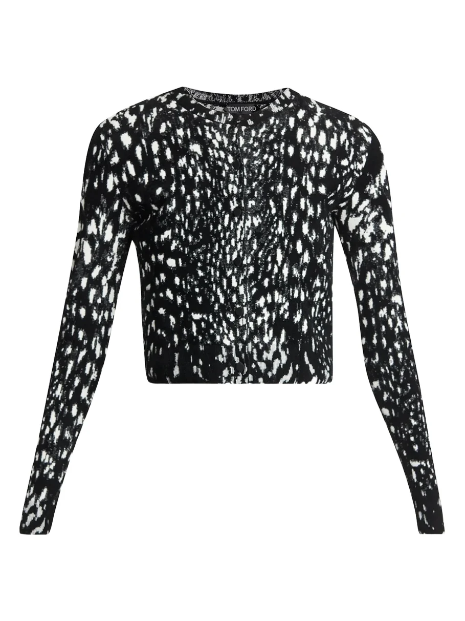 TOM FORD Boutique Lynx Jacquard Compact Velvet Knit Crewneck Cardigan