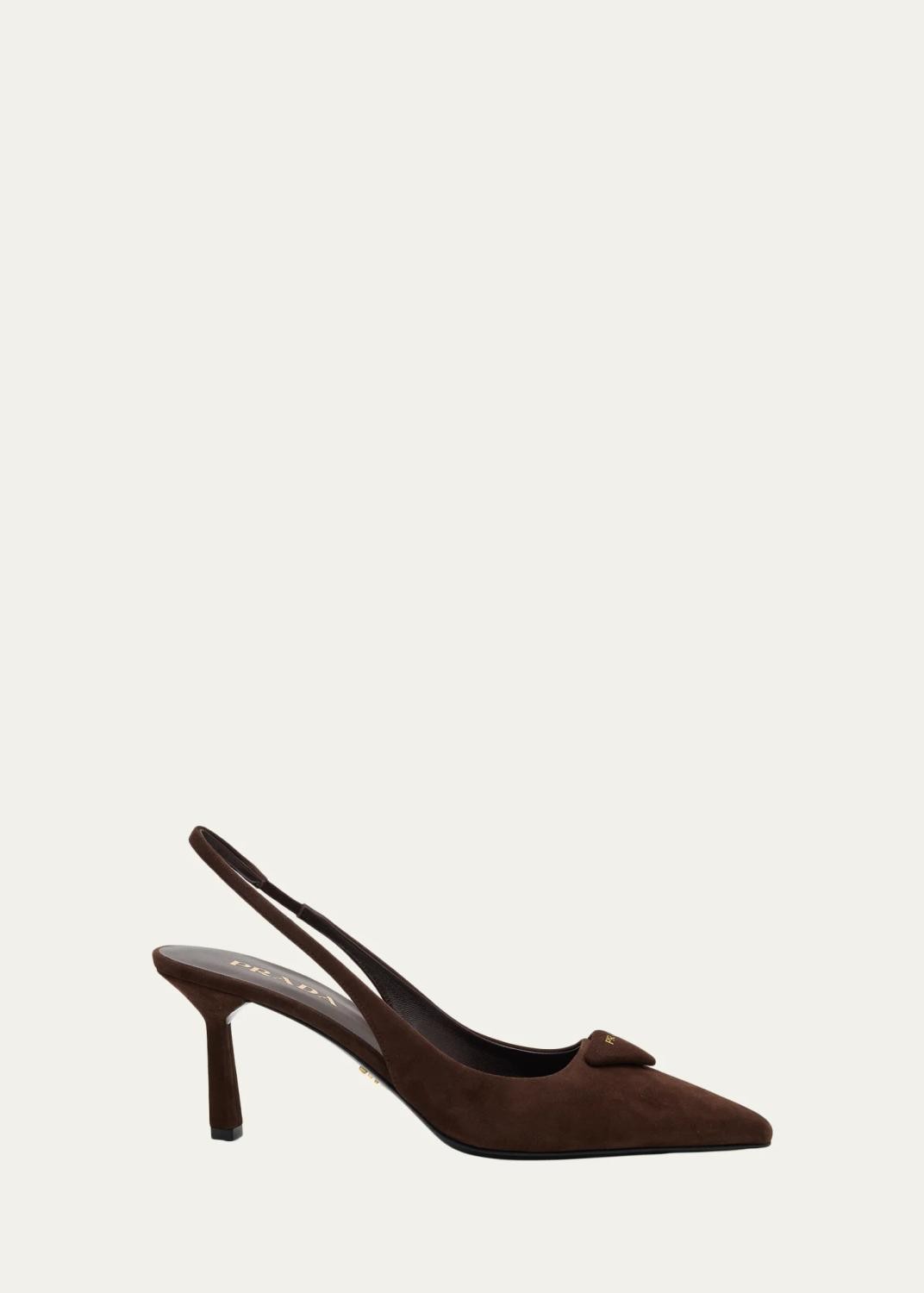 Prada 75mm Puffy Triangle Logo Suede Slingback Pumps