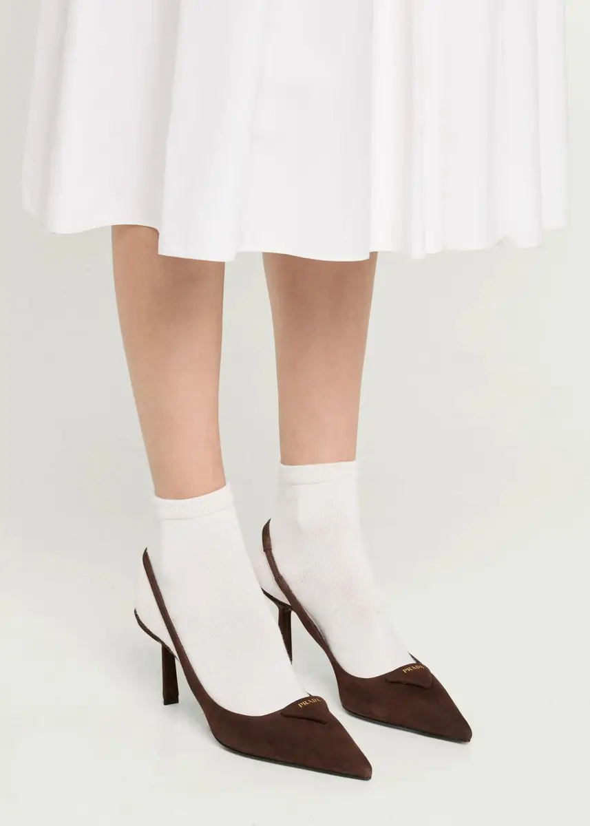 Prada 75mm Puffy Triangle Logo Suede Slingback Pumps | Thumbnail 2 Prada 75mm Puffy Triangle Logo Suede Slingback Pumps | Thumbnail 2