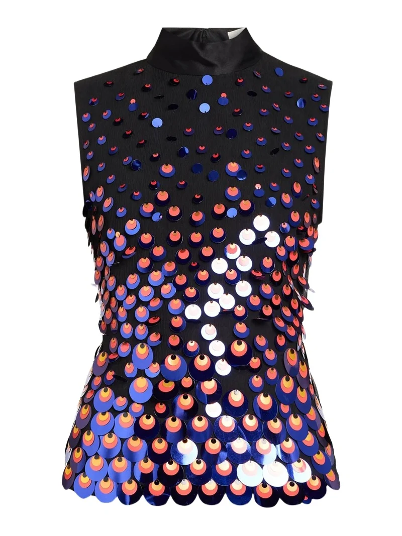 Degrade Embellished Silk Plisse Tank Top