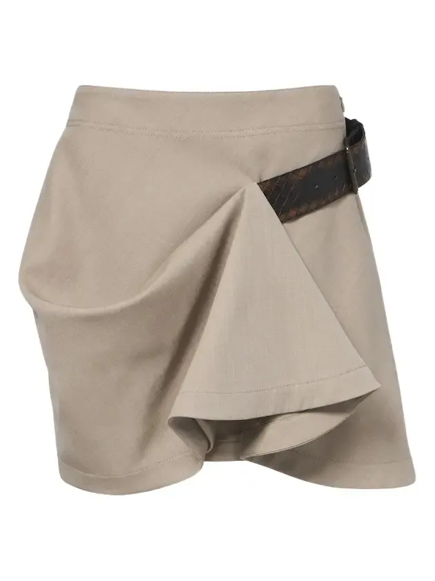 Intrecciato belted draped wool miniskirt