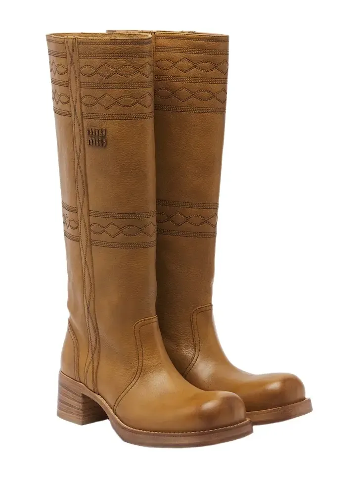 Embroidered leather knee-high boots