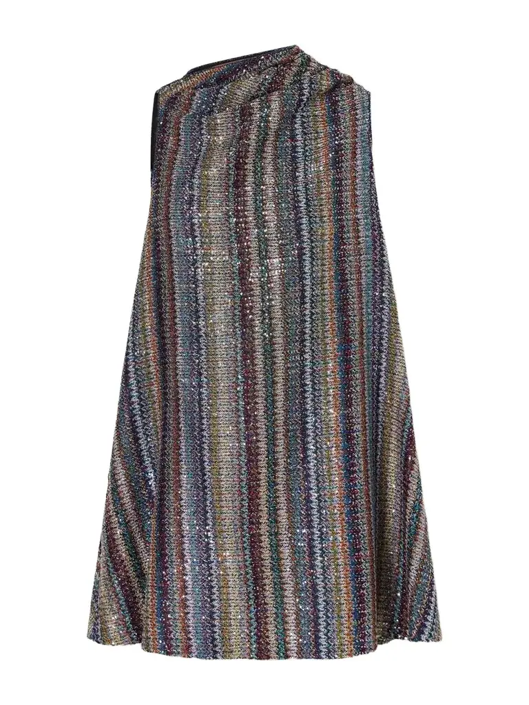 Sequin-embellished Striped Metallic Crochet-knit Mini Dress