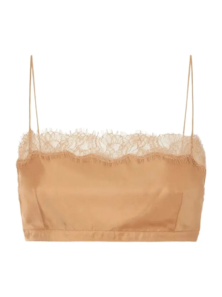 Ulla Johnson Leiko Cropped Chantilly Lace-trimmed Silk-twill Top