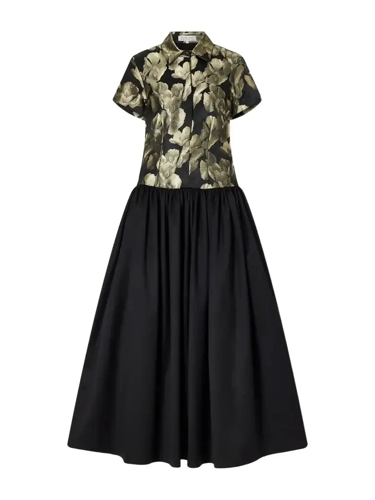 Gathered Floral-brocade And Twill Midi Dress Gathered Floral-brocade And Twill Midi Dress