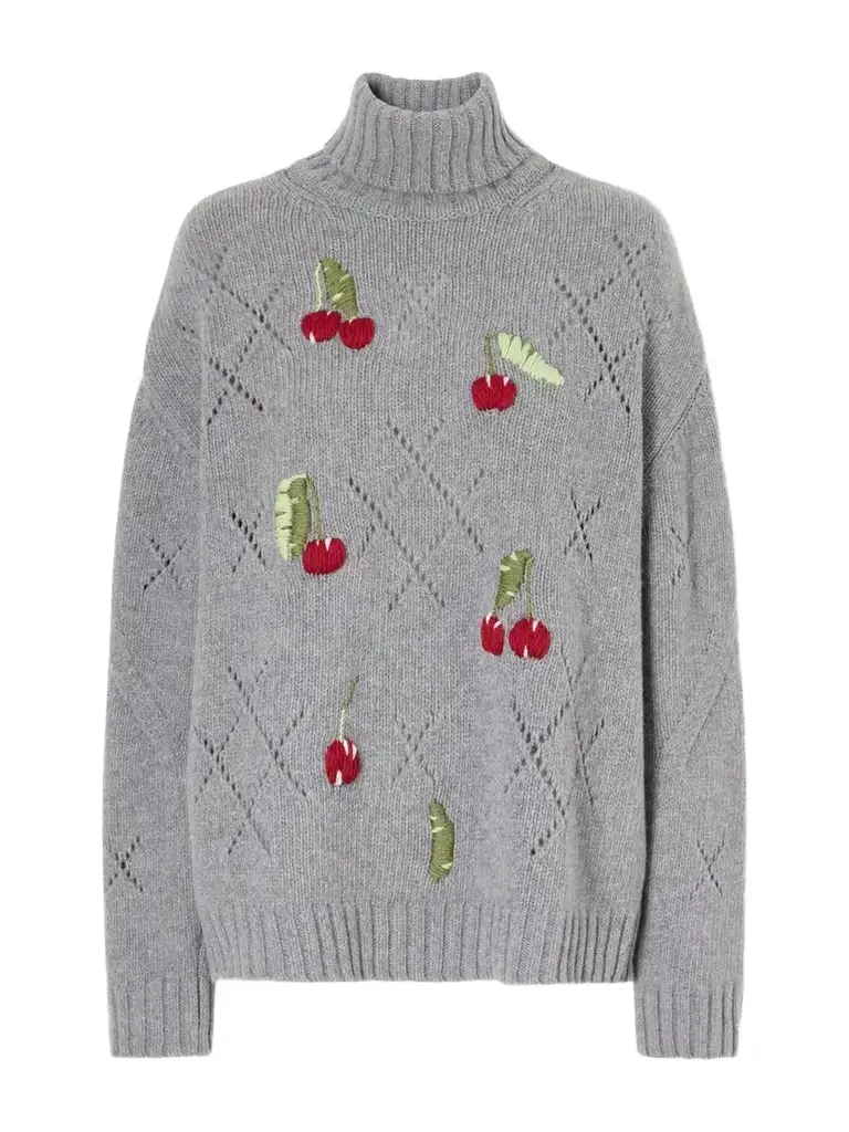 BERNADETTE Sharon Embroidered Pointelle-knit Wool Turtleneck Sweater