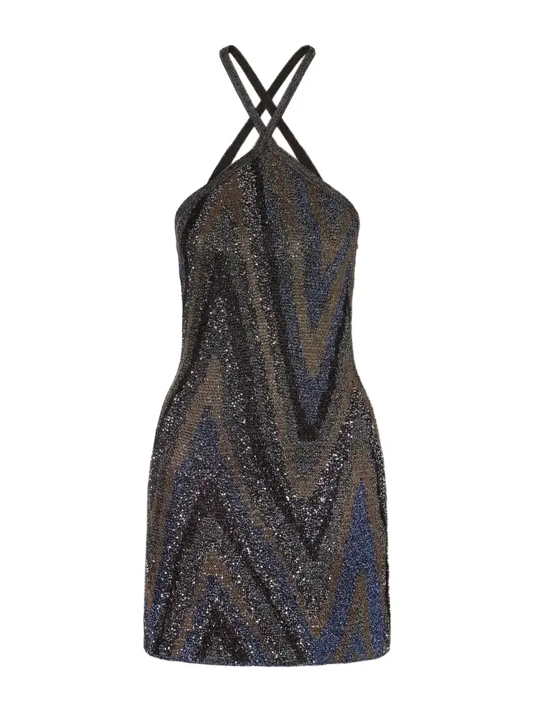 Missoni Halterneck Sequin-embellished Striped Metallic Crochet-knit Mini Dress