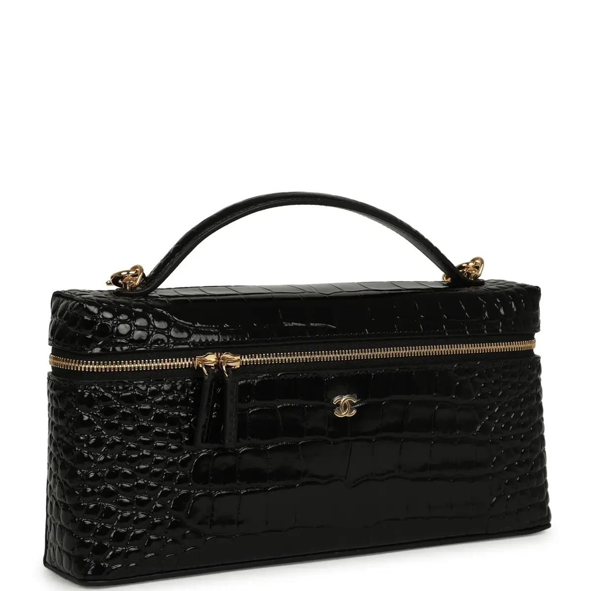 Chanel Chanel Large East West Top Handle Long Vanity Case with Chain Black Embossed Croc Calfskin Gold Hardware | Thumbnail 2