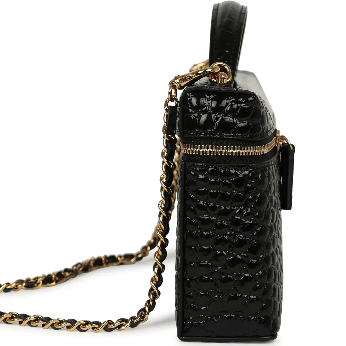 Chanel Chanel Large East West Top Handle Long Vanity Case with Chain Black Embossed Croc Calfskin Gold Hardware | Thumbnail 3