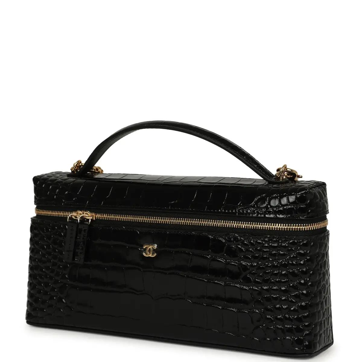 Chanel Chanel Large East West Top Handle Long Vanity Case with Chain Black Embossed Croc Calfskin Gold Hardware | Thumbnail 5