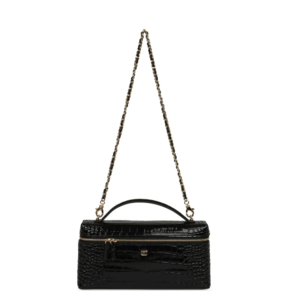 Chanel Chanel Large East West Top Handle Long Vanity Case with Chain Black Embossed Croc Calfskin Gold Hardware | Thumbnail 7